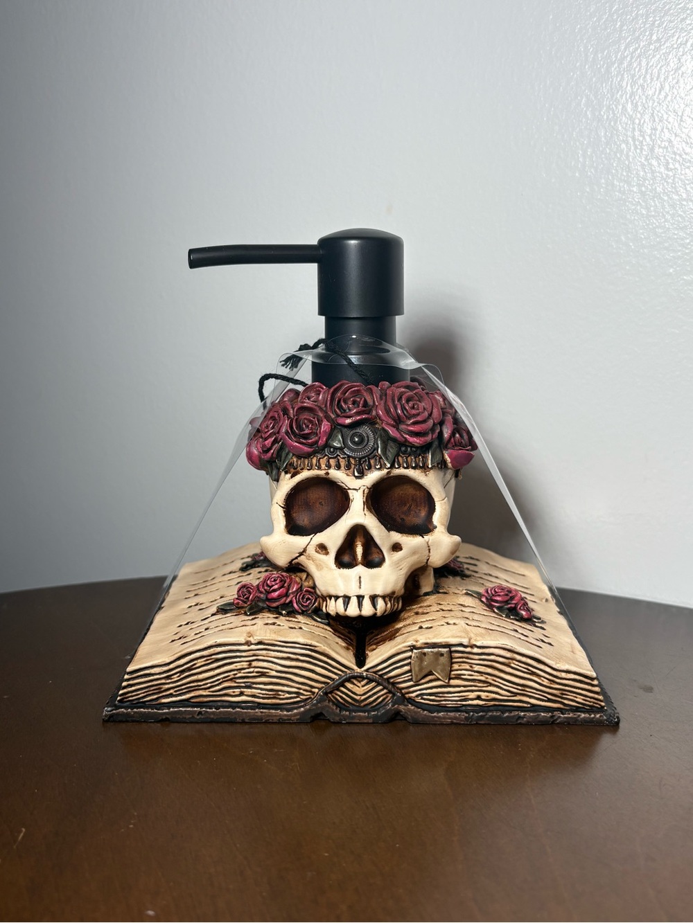 Skull Soap Dispenser with Red Rose Accents - Gothic Bath Accessory